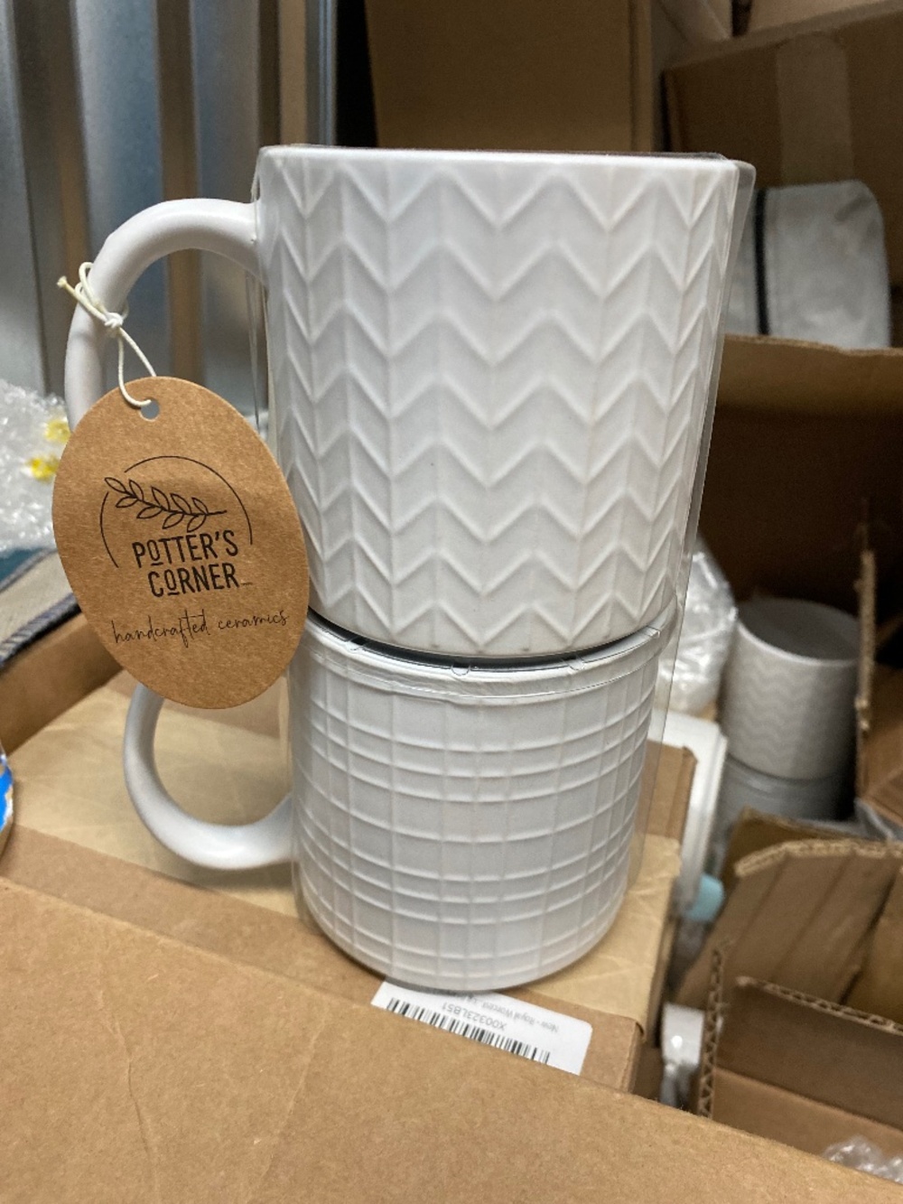 Potter's Corner Set of 2 Stackable Mugs White Textured Geometric NEW